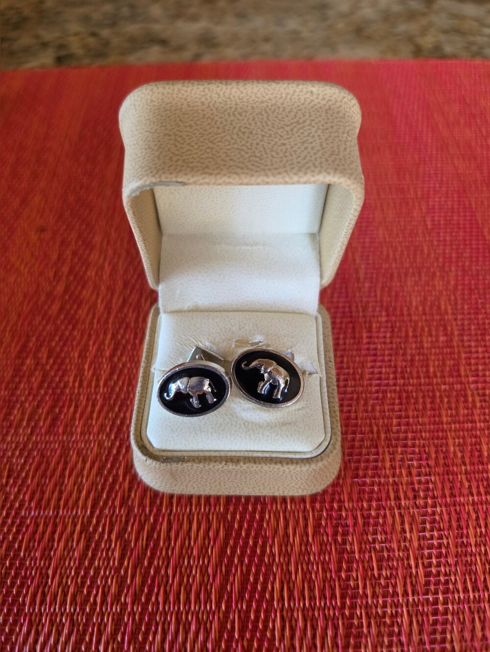 Vintage Silver & Black Enamel Elephant Lucky Upturned Trunk Oval Cufflinks - EUC